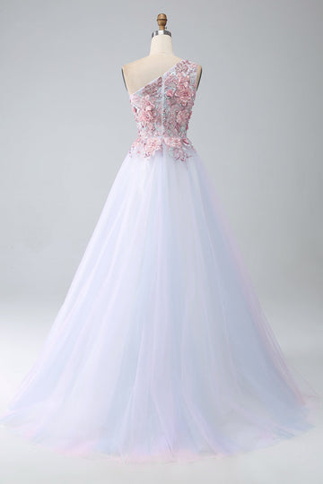 A-Line One Shoulder Pink Prom Dress con applicazioni